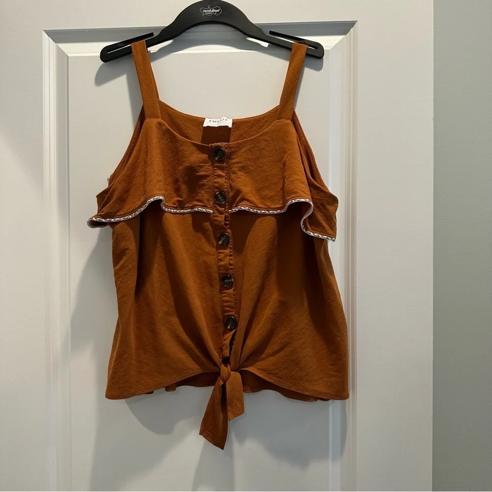 Emelia Rust Tie-Front Ruffle Tank Top - Picture 1 of 6